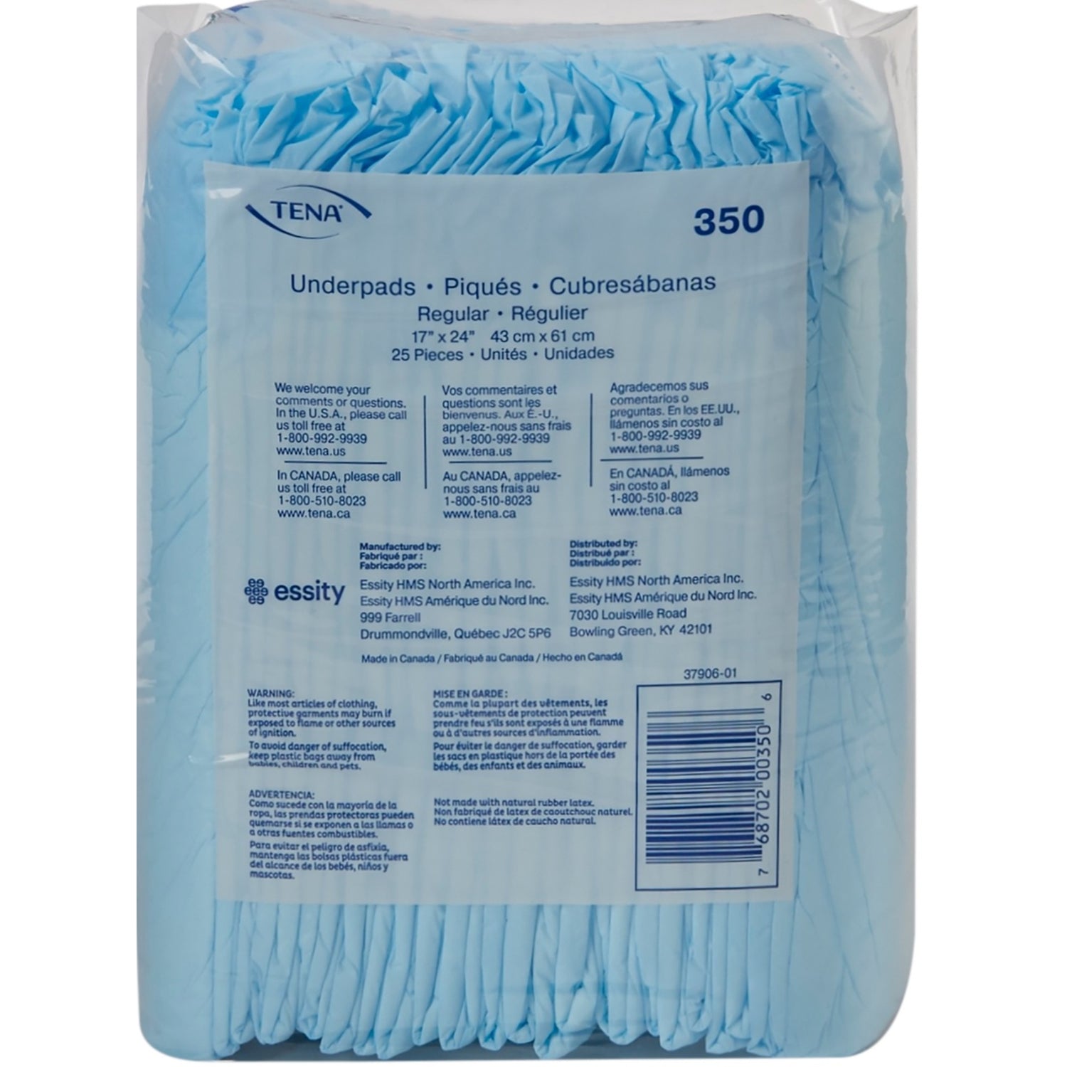 A package of TENA brand light blue underpads, containing 25 pieces, shown in its clear plastic packaging with printed specifications and barcodes. - okotoks hc pharmacy