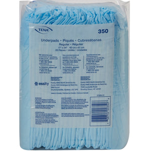 A package of TENA brand light blue underpads, containing 25 pieces, shown in its clear plastic packaging with printed specifications and barcodes. - okotoks hc pharmacy