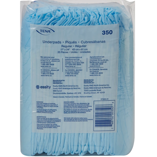 A package of TENA brand light blue underpads, containing 25 pieces, shown in its clear plastic packaging with printed specifications and barcodes. - okotoks hc pharmacy