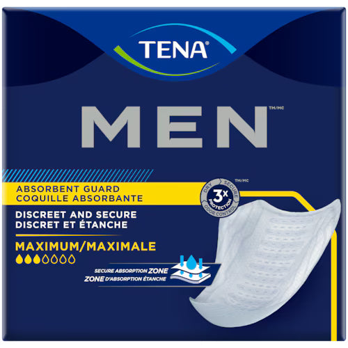 Front packaging of TENA Men absorbent guard underwear, featuring a dark blue box with yellow accents, product text in English and French, and a graphic of a white absorbent pad on the lower right. - okotoks hc pharmacy