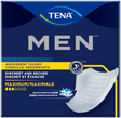 Front packaging of TENA Men absorbent guard underwear, featuring a dark blue box with yellow accents, product text in English and French, and a graphic of a white absorbent pad on the lower right. - okotoks hc pharmacy
