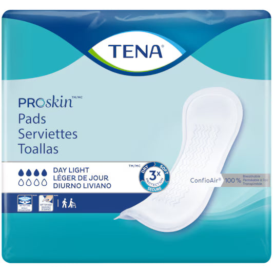 TENA ProSkin pads packaging with a white pad on a blue and white background - okotoks hc pharmacy