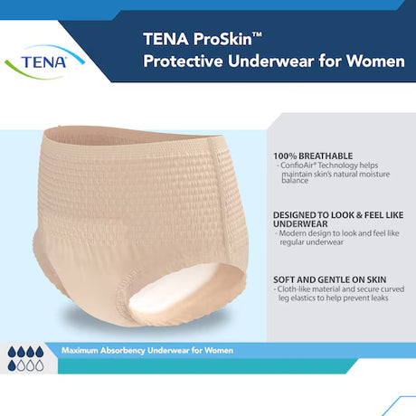 TENA ProSkin protective underwear for women with product details on a blue and white background - okotoks hc pharmacy