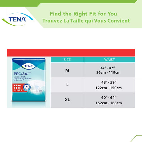 TENA ProSkin product packaging with size chart on a white background - okotoks hc pharmacy