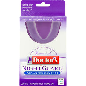 The Doctor's NightGuard Advanced Comfort dental protector in its retail packaging, featuring a purple protective cover over the product inside a white and purple cardboard box. - okotoks hc pharmacy
