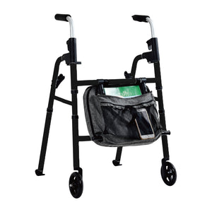 Black walker with a gray bag attached on a white background - okotoks hc pharmacy