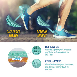 Running shoes with energy return mechanism illustration and text on a blurred outdoor background - okotoks hc pharmacy