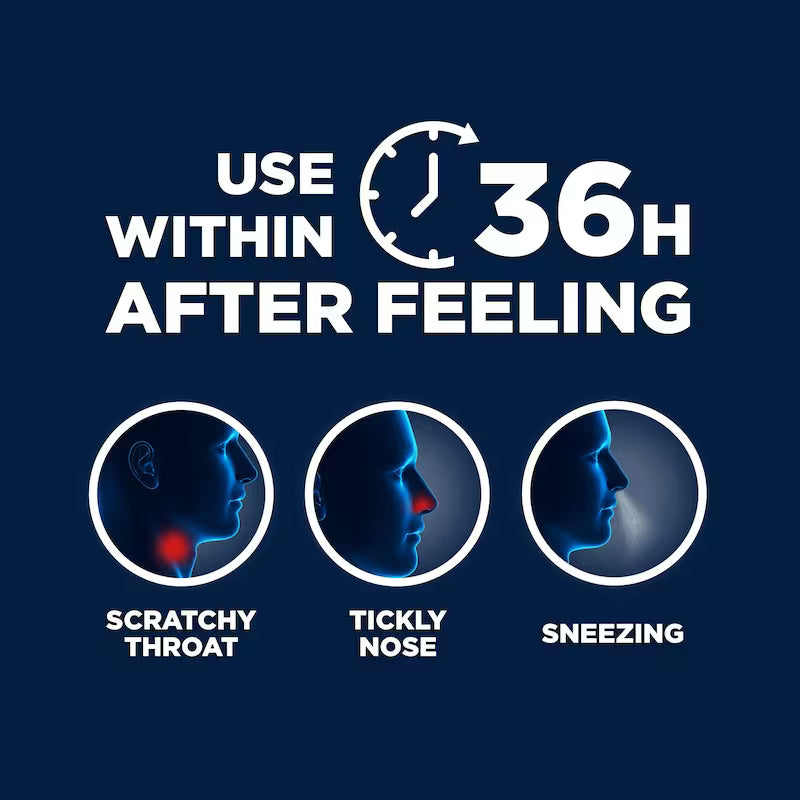 Health product usage instructions with icons for scratchy throat, tickly nose, and sneezing on a blue background. - okotoks hc pharmacy