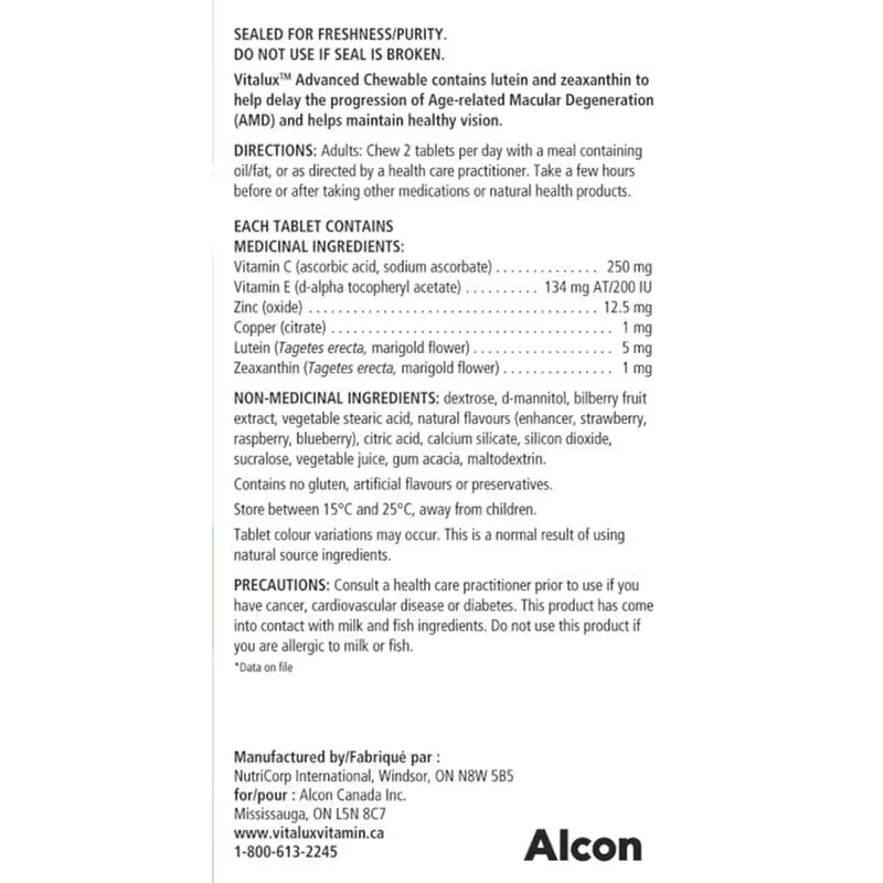 Vitalus Advanced Chevrolee supplement label with text and Alcon branding. - okotoks hc pharmacy