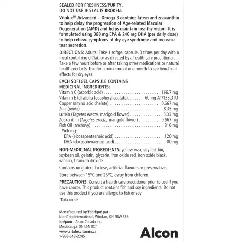 Vitalux Advanced supplement capsule label with detailed information on ingredients and directions. - okotoks hc pharmacy