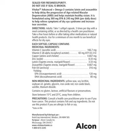Vitalux Advanced supplement capsule label with detailed information on ingredients and directions. - okotoks hc pharmacy