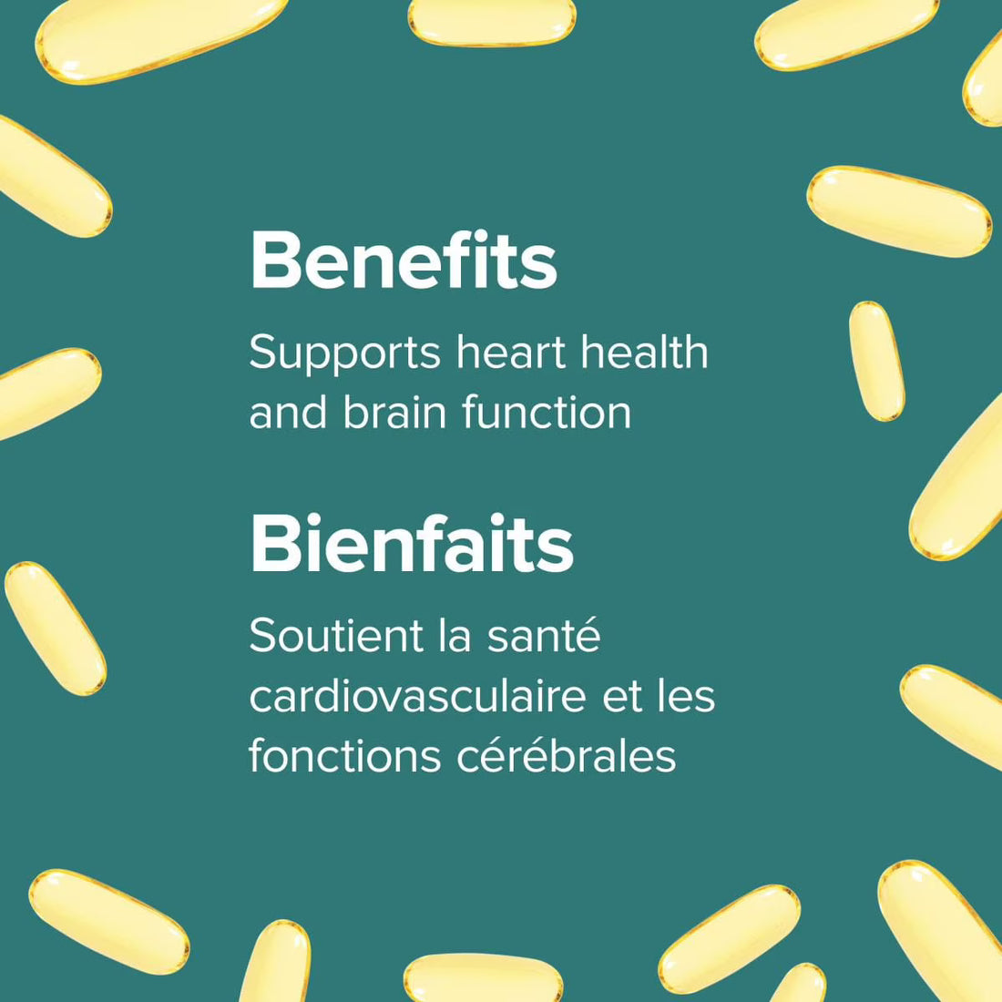 Yellow capsules on a green background with text about health benefits. - okotoks hc pharmacy