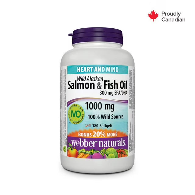 Webber Naturals Wild Alaskan Salmon & Fish Oil supplement bottle on a white background - okotoks hc pharmacy