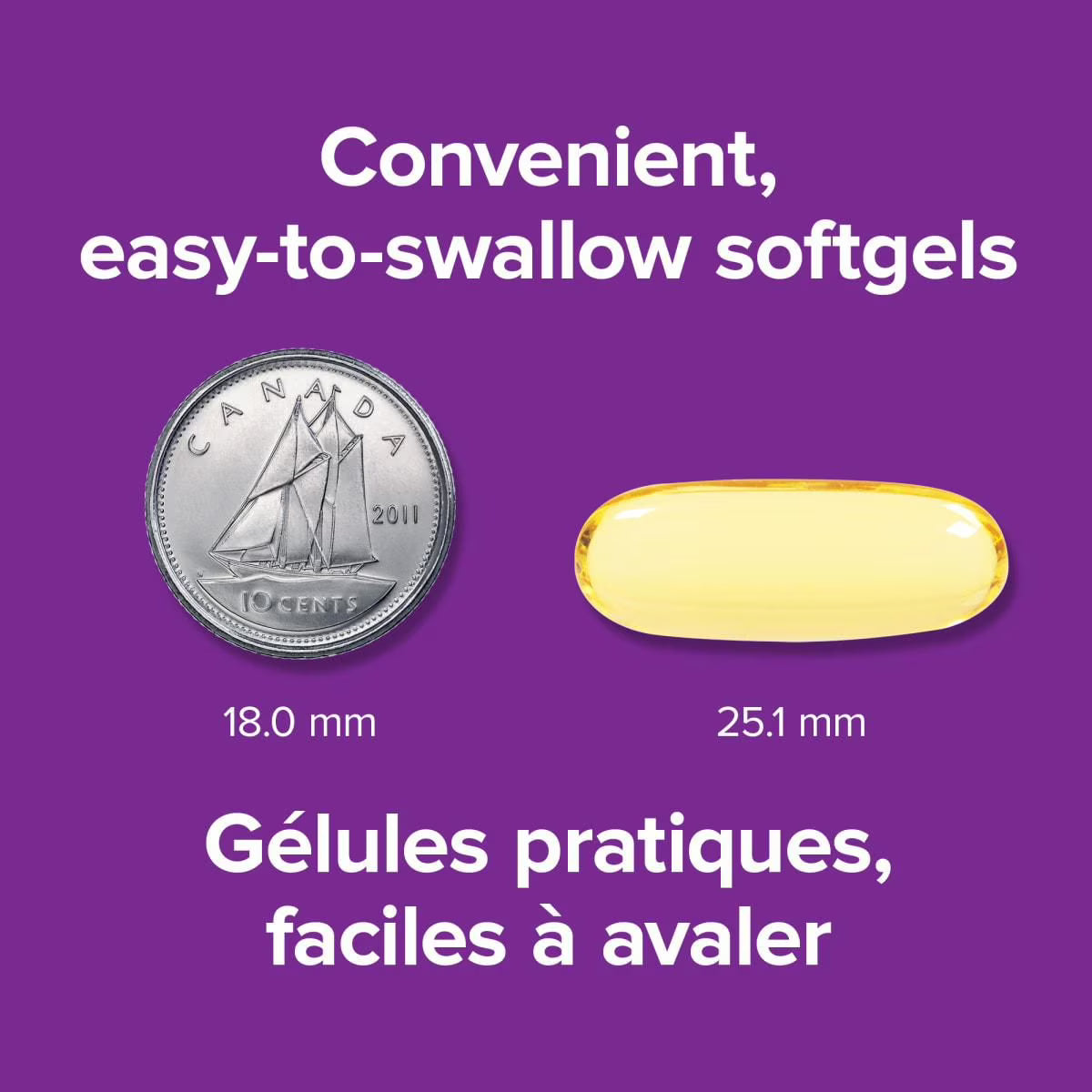 Yellow softgel next to a silver coin on a purple background with text about convenience and size. - okotoks hc pharmacy