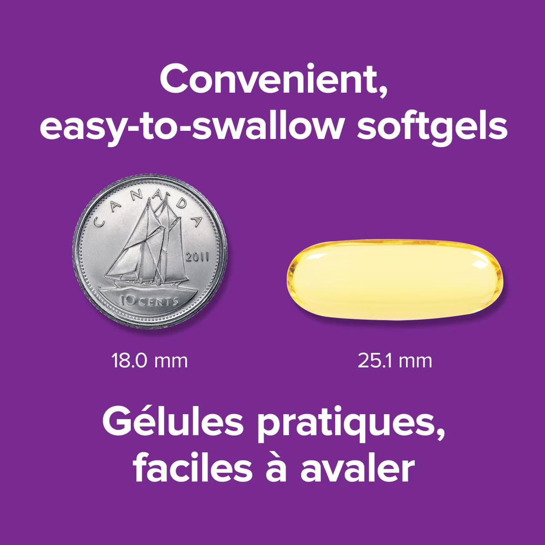 Yellow softgel next to a silver coin on a purple background with text about convenience and size. - okotoks hc pharmacy