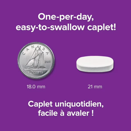 Comparison of a coin and a caplet on a purple background with text about the caplet's size and ease of swallowing. - okotoks hc pharmacy