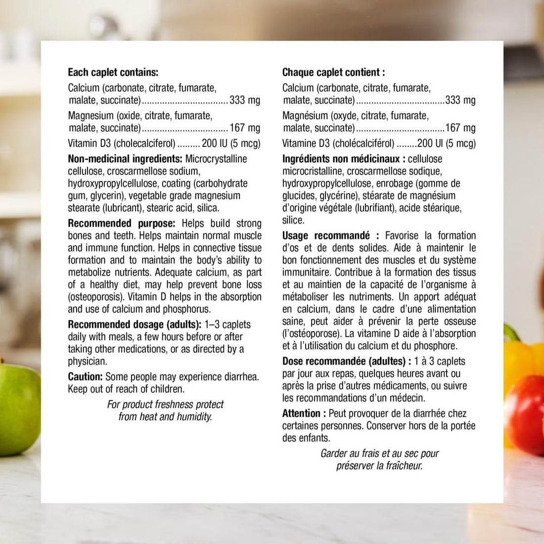 Nutritional information label for a supplement with text in two languages on a white background. - okotoks hc pharmacy