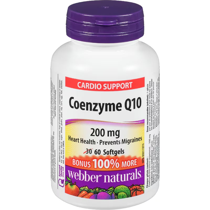 Coenzyme Q10 supplement bottle with purple cap and label on a white background - okotoks hc pharmacy