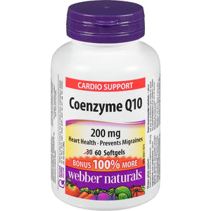 Coenzyme Q10 supplement bottle with purple cap and label on a white background - okotoks hc pharmacy