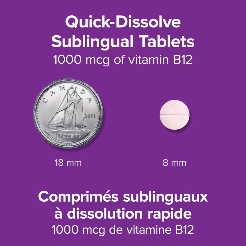 Quick-dissolve sublingual tablets with a coin for size comparison on a purple background - okotoks hc pharmacy