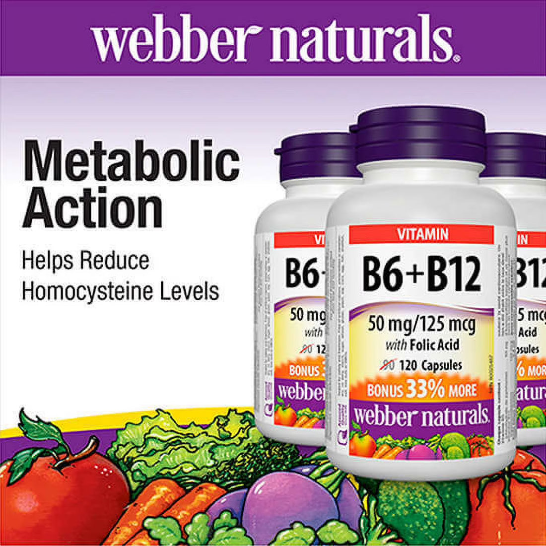 Webber Naturals vitamin bottles with vegetables on a colorful background - okotoks hc pharmacy