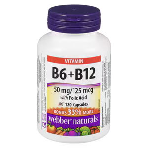Webber Naturals Vitamin B6+B12 supplement bottle on a white background - okotoks hc pharmacy