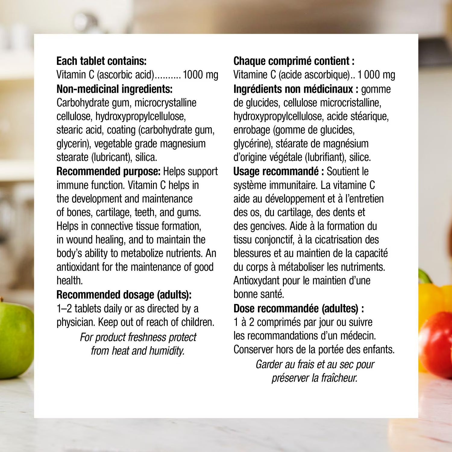Vitamin C tablet label with text in English and French on a white background. - okotoks hc pharmacy