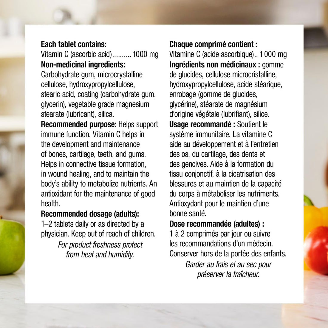 Vitamin C tablet label with text in English and French on a white background. - okotoks hc pharmacy