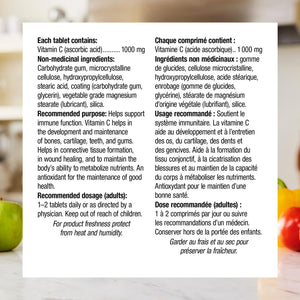 Vitamin C tablet label with text in English and French on a white background. - okotoks hc pharmacy
