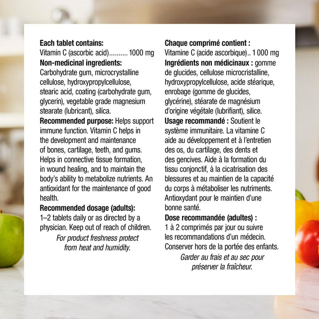 Vitamin C tablet label with text in English and French on a white background. - okotoks hc pharmacy