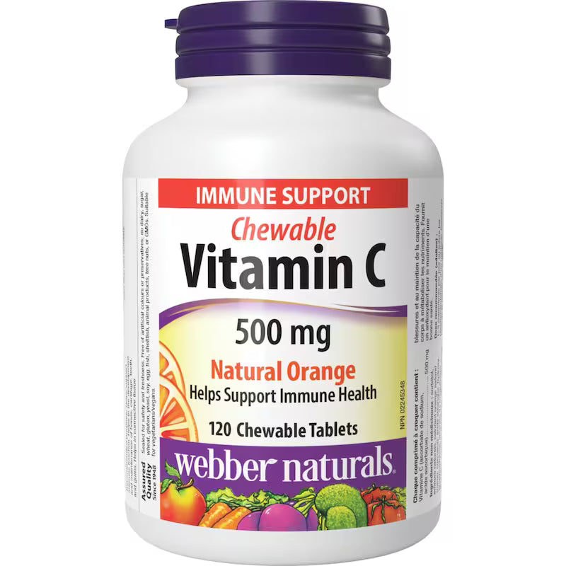 Vitamin C chewable supplement bottle with colorful label on a white background - okotoks hc pharmacy