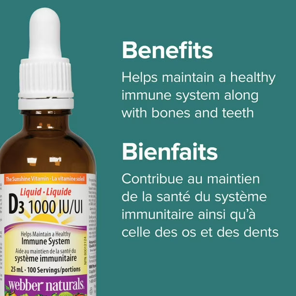 Webber Naturals Vitamin D3 dropper bottle with text about benefits on a teal background - okotoks hc pharmacy