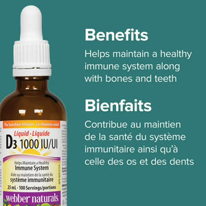 Webber Naturals Vitamin D3 dropper bottle with text about benefits on a teal background - okotoks hc pharmacy