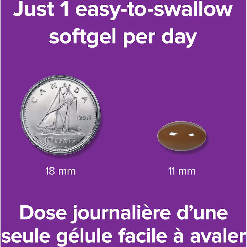 Comparison of a coin and a softgel on a purple background with text about daily dosage. - okotoks hc pharmacy