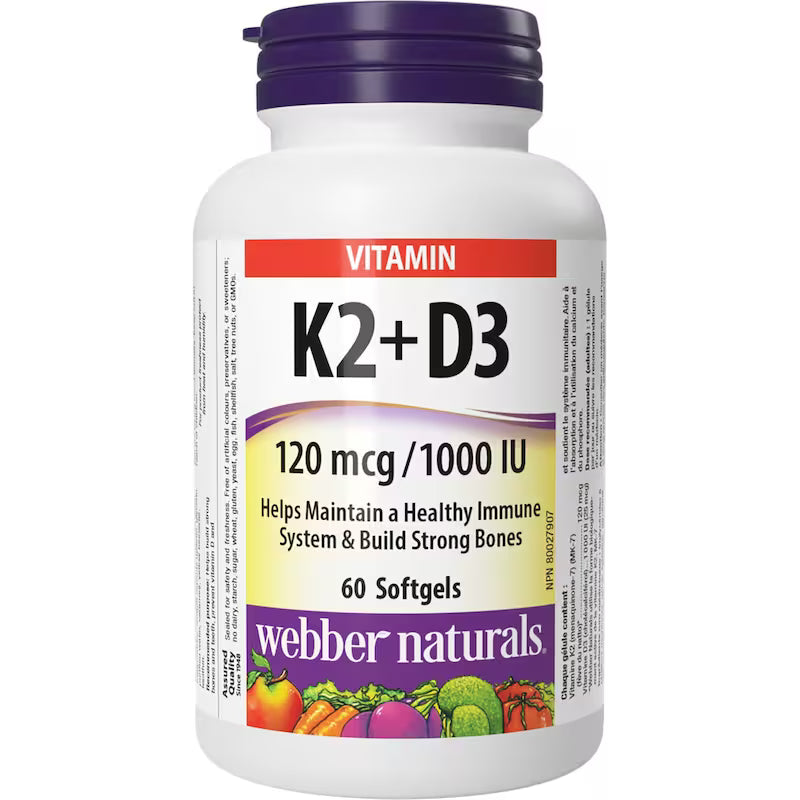 Webber Naturals Vitamin K2+D3 supplement bottle on a white background - okotoks hc pharmacy