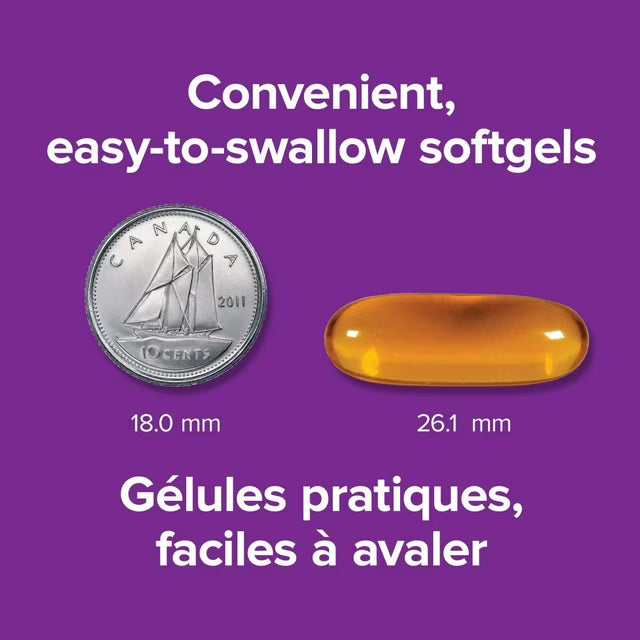 Vitamin supplement softgel next to a Canadian coin on a purple background with text about convenience and size. - okotoks hc pharmacy