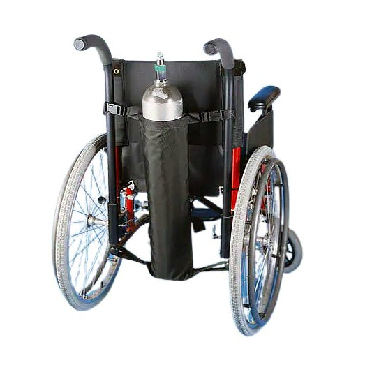 Wheelchair with an oxygen tank attached on a white background - Okotoks HC Pharmacy