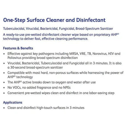 Product description of a one-step surface cleaner and disinfectant with features and benefits listed. - OKOTOKS HC PHARMACY
