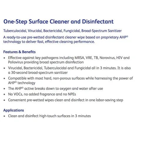 Product description of a one-step surface cleaner and disinfectant with features and benefits listed. - OKOTOKS HC PHARMACY