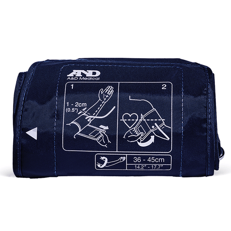Navy blood pressure cuff with A&D Medical branding and measurement instructions on a white background - Okotoks HC Pharmacy