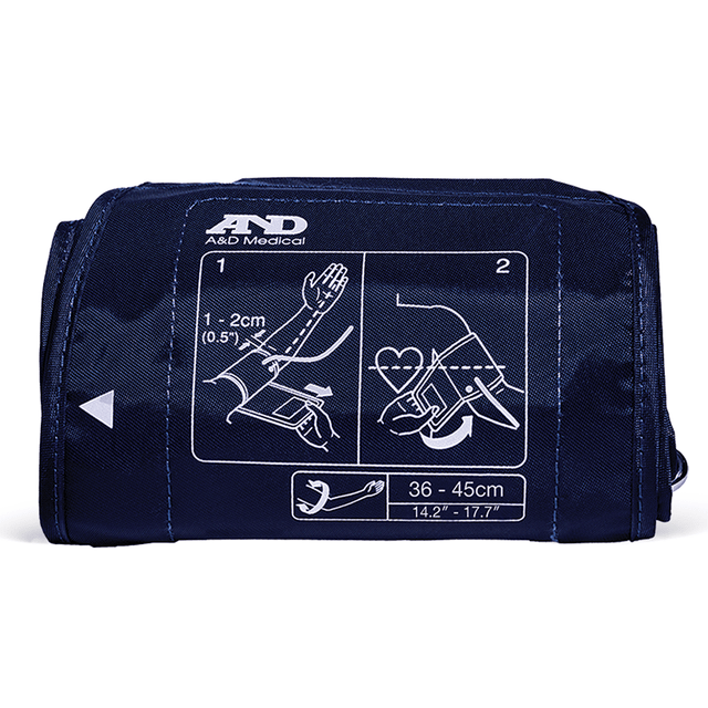 Navy blood pressure cuff with A&D Medical branding and measurement instructions on a white background - Okotoks HC Pharmacy