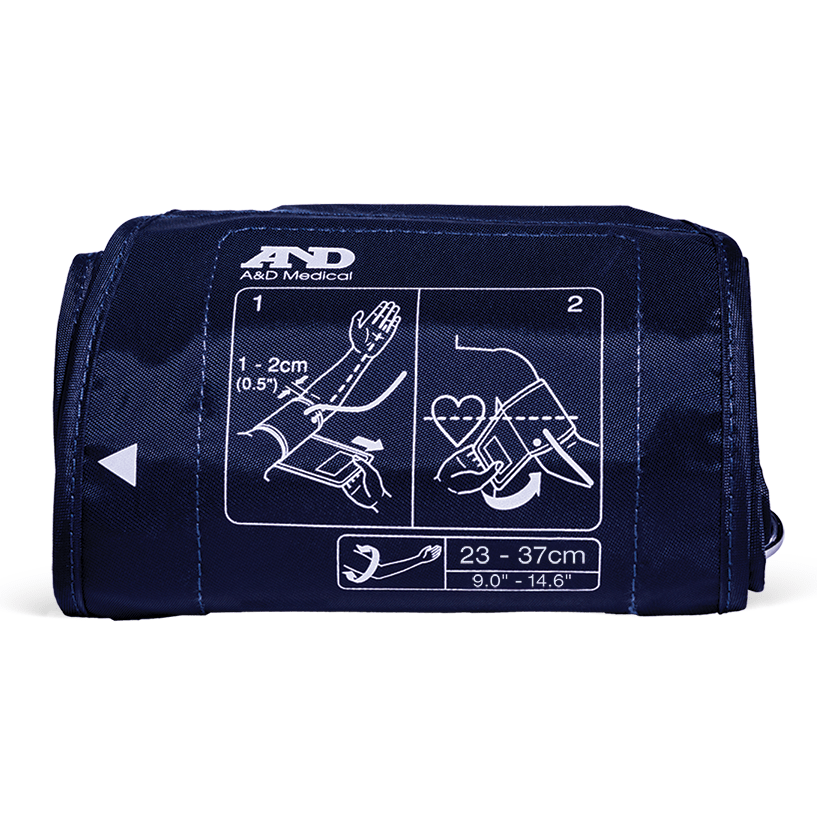 Navy blue blood pressure cuff with A&D Medical branding and instructions on a white background - Okotoks HC Pharmacy