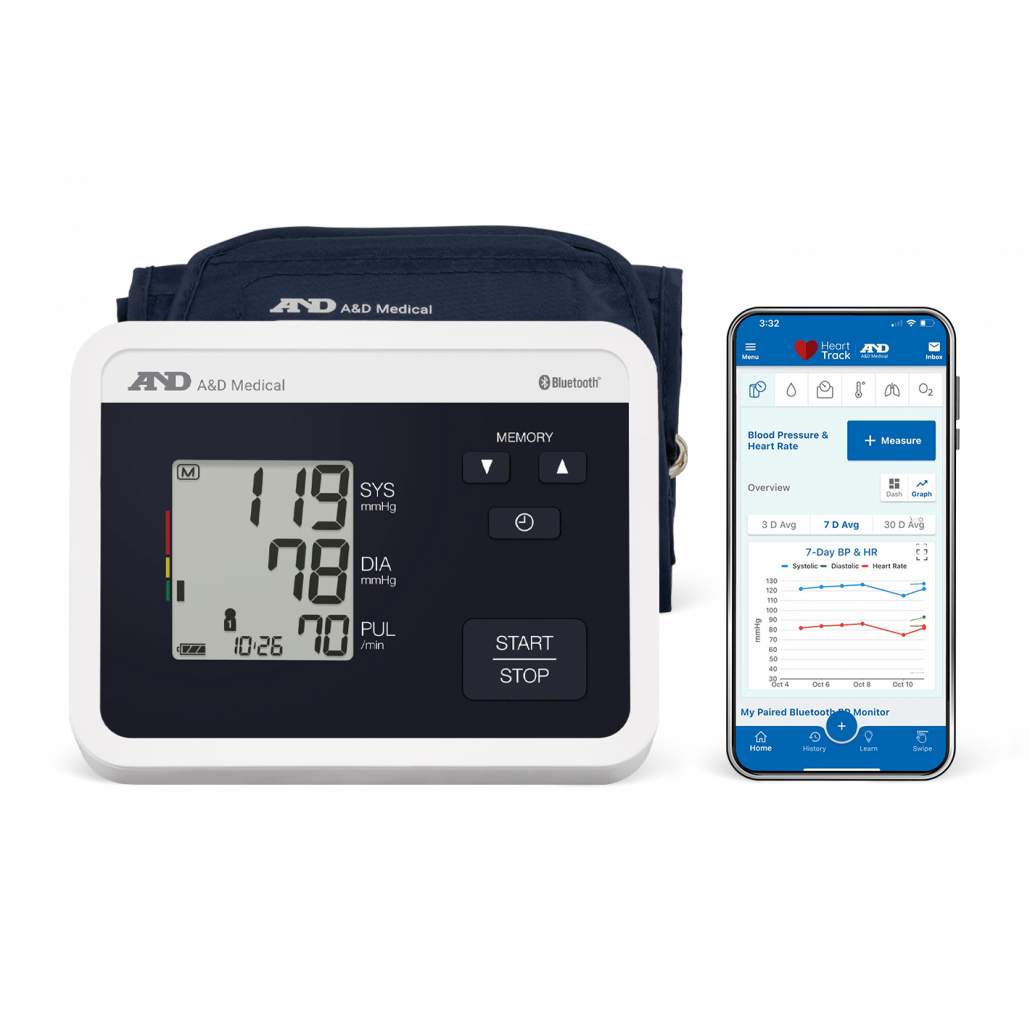 A&D Medical blood pressure monitor with smartphone displaying app interface on a white background - Okotoks HC Pharmacy