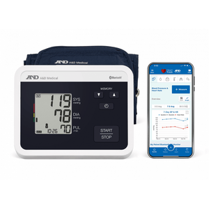 A&D Medical blood pressure monitor with smartphone displaying app interface on a white background - Okotoks HC Pharmacy