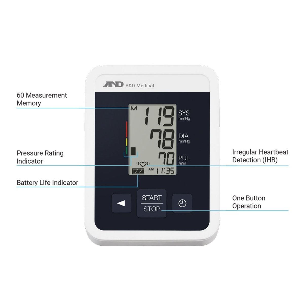 A&D Medical blood pressure monitor with features highlighted on a white background - Okotoks HC Pharmacy