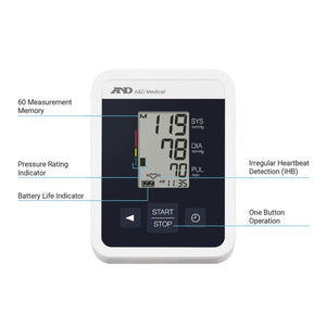 A&D Medical blood pressure monitor with features highlighted on a white background - Okotoks HC Pharmacy