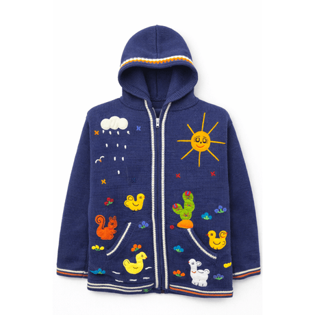 Children's blue hoodie with colorful animal and weather pattern on a white background - okotoks hc pharmacy