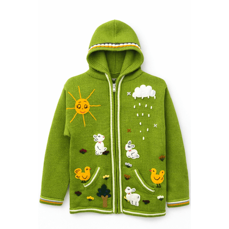 Green hoodie with animal and nature-themed appliqués on a white background - okotoks hc pharmacy