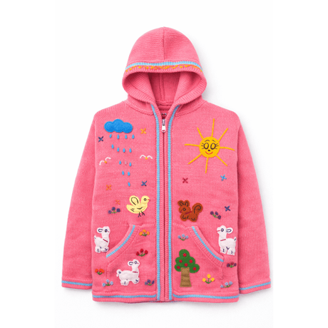 Pink jacket with animal and weather pattern on a white background - okotoks hc pharmacy