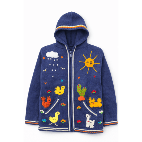 Children's blue hoodie with colorful weather and animal designs on a white background - okotoks hc pharmacy